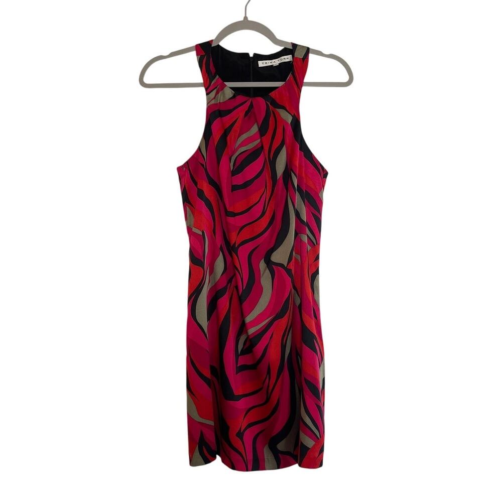Trina Turk Silk Abstract Print Sleeveless Mini Dress Size 0 Red Pink Black Lined